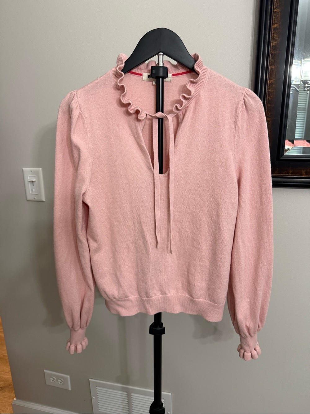 Boden Pink Ruffle Tie V-Neck Sweater